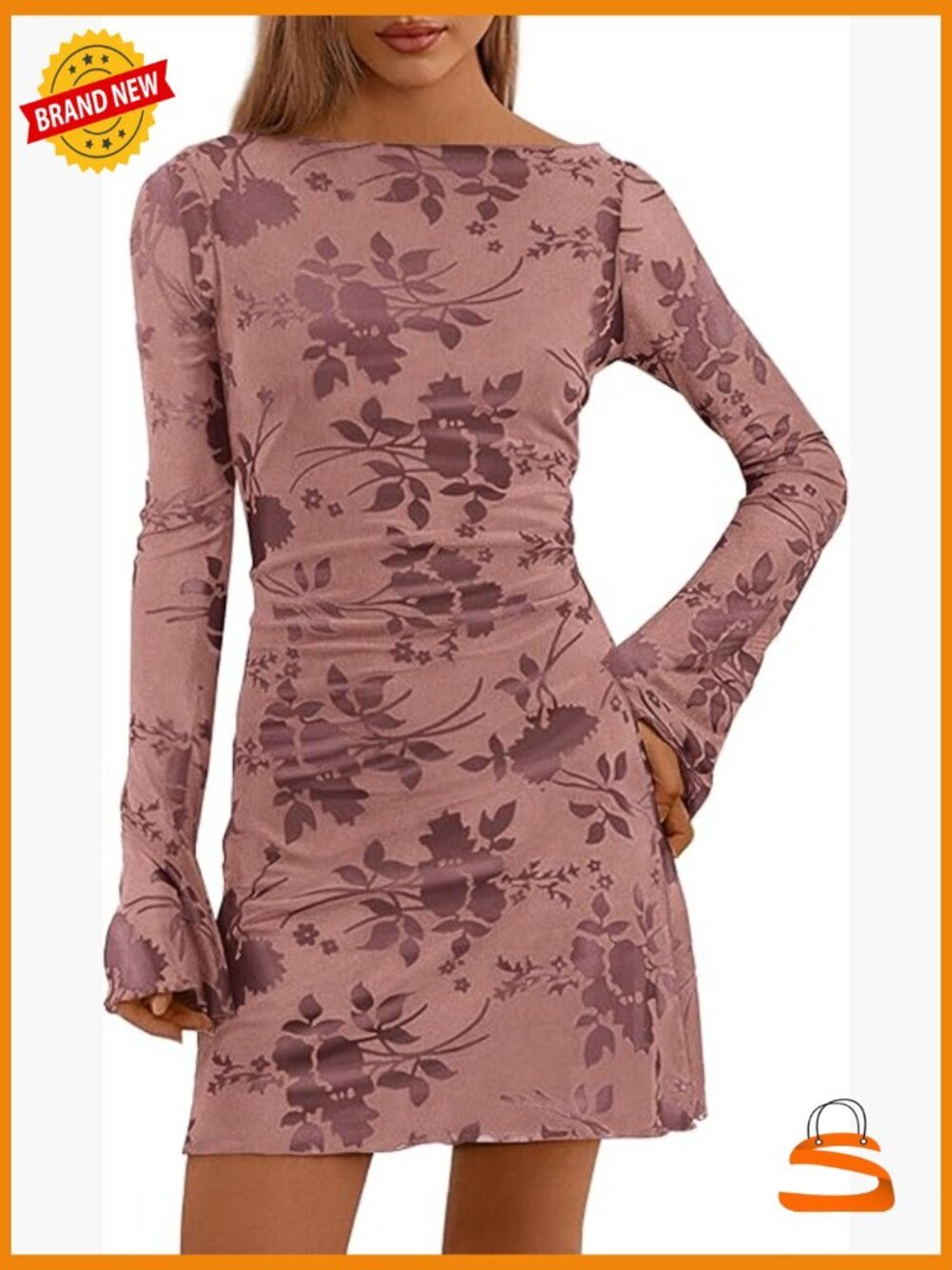 Boat Neck Floral Bodycon Mini Dress Long Sleeve Fall Party